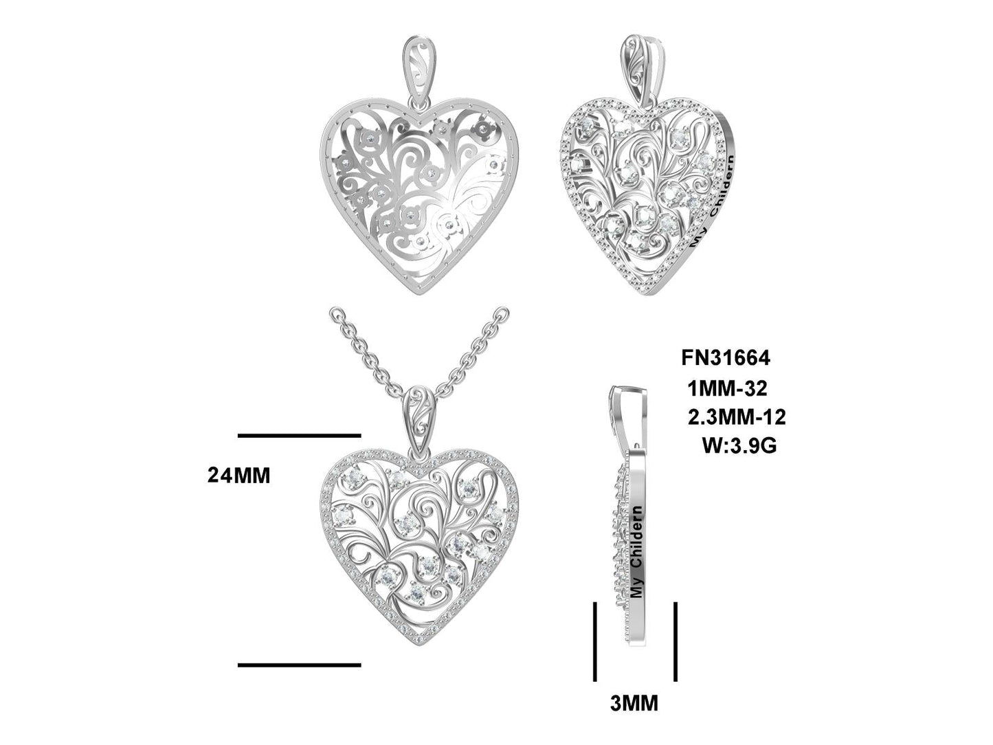 MS My Children Scrolled Heart Pendant | Sterling Silver Plated | Lab Grown Sapphire Gemstones | Lasting Legacy Collection