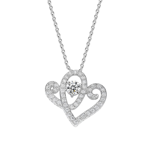 AH Full Moissanite Gemstone, Two Hearts Pendant w/Large Center Stone & 18"Chain; Plated SS. | Anniversary Heart