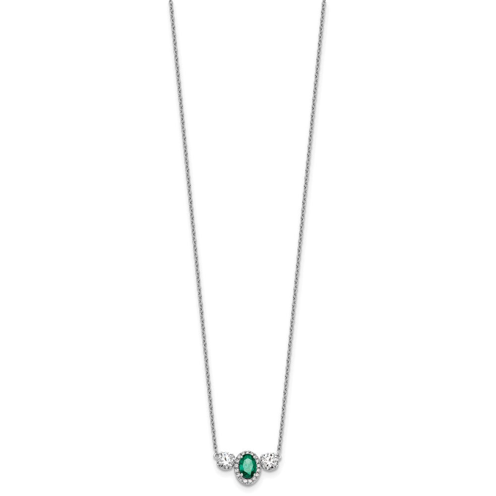 LGWN 14k White Gold 1 1/8 carat Lab Grown Diamond VS/SI+ G+ and Created Emerald Complete Three Stone 16 inch Necklace