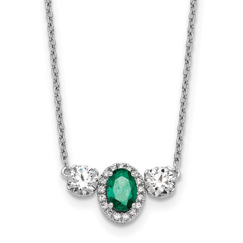 LGWN 14k White Gold 1 1/8 carat Lab Grown Diamond VS/SI+ G+ and Created Emerald Complete Three Stone 16 inch Necklace