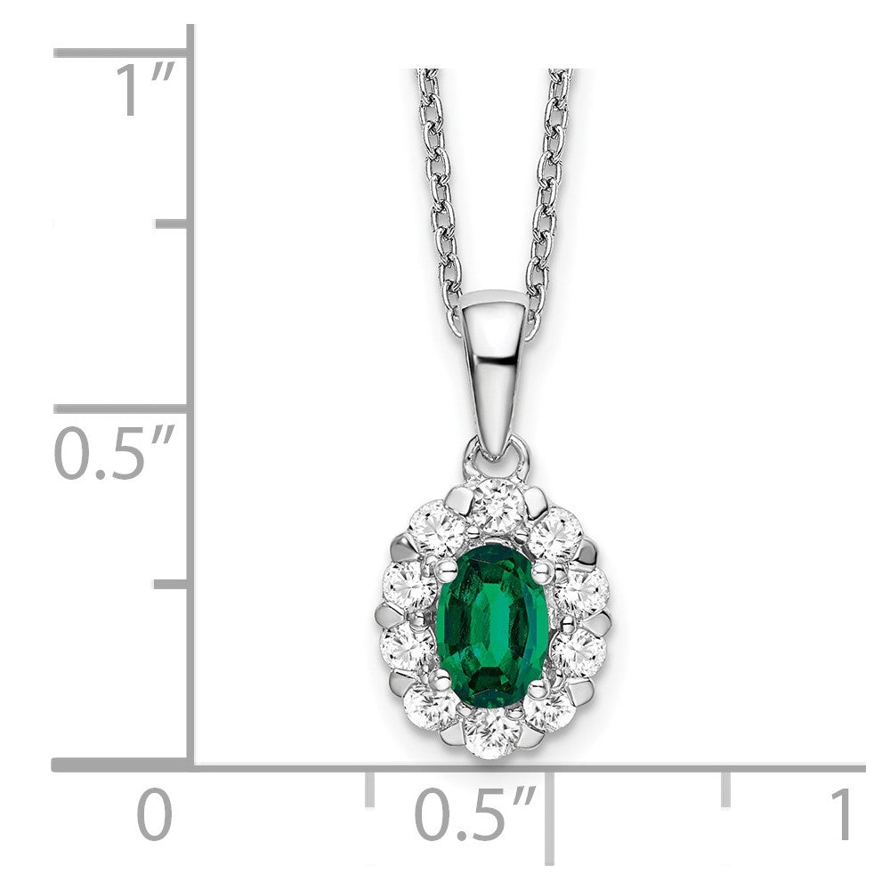 LGWN 14k White Gold 1/2 carat Lab Grown Diamond VS/SI+ G+ and Oval Lab Created Emerald Complete 18 inch Halo Pendant Necklace