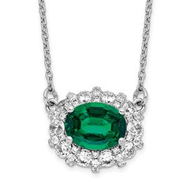 LGWN 14k White Gold 1 carat Lab Grown Diamond VS/SI+ G+ and Created Emerald Complete 18 inch Necklace