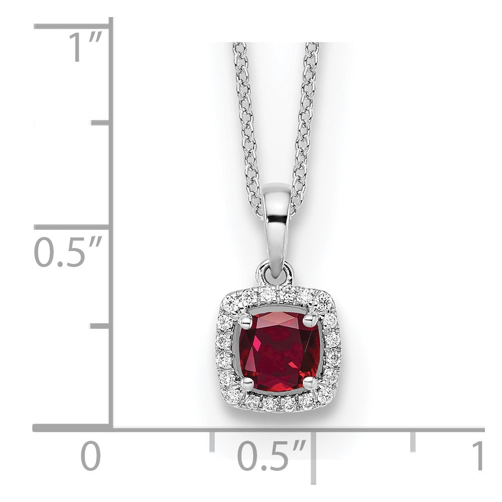 LGWN 14k White Gold 1/10 carat Lab Grown Diamond VS/SI+ G+ and Created Ruby Complete 18 inch Pendant Necklace