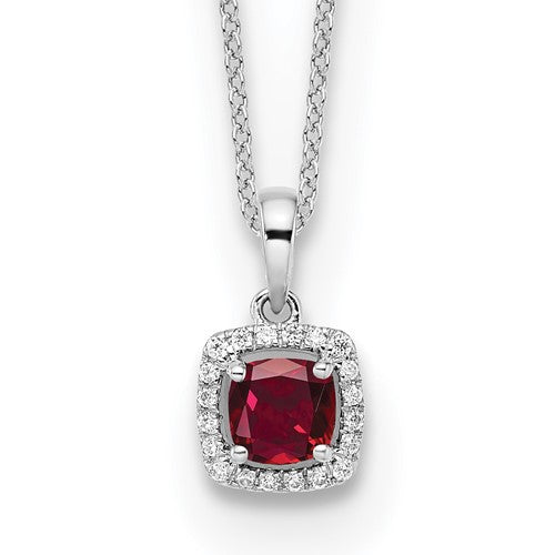 LGWN 14k White Gold 1/10 carat Lab Grown Diamond VS/SI+ G+ and Created Ruby Complete 18 inch Pendant Necklace