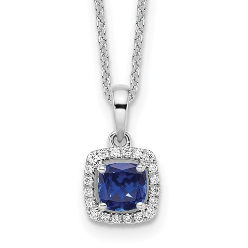 LGWN 14k White Gold 1/10 carat Lab Grown Diamond VS/SI+ G+ and Created Sapphire Complete 18 inch Pendant Necklace
