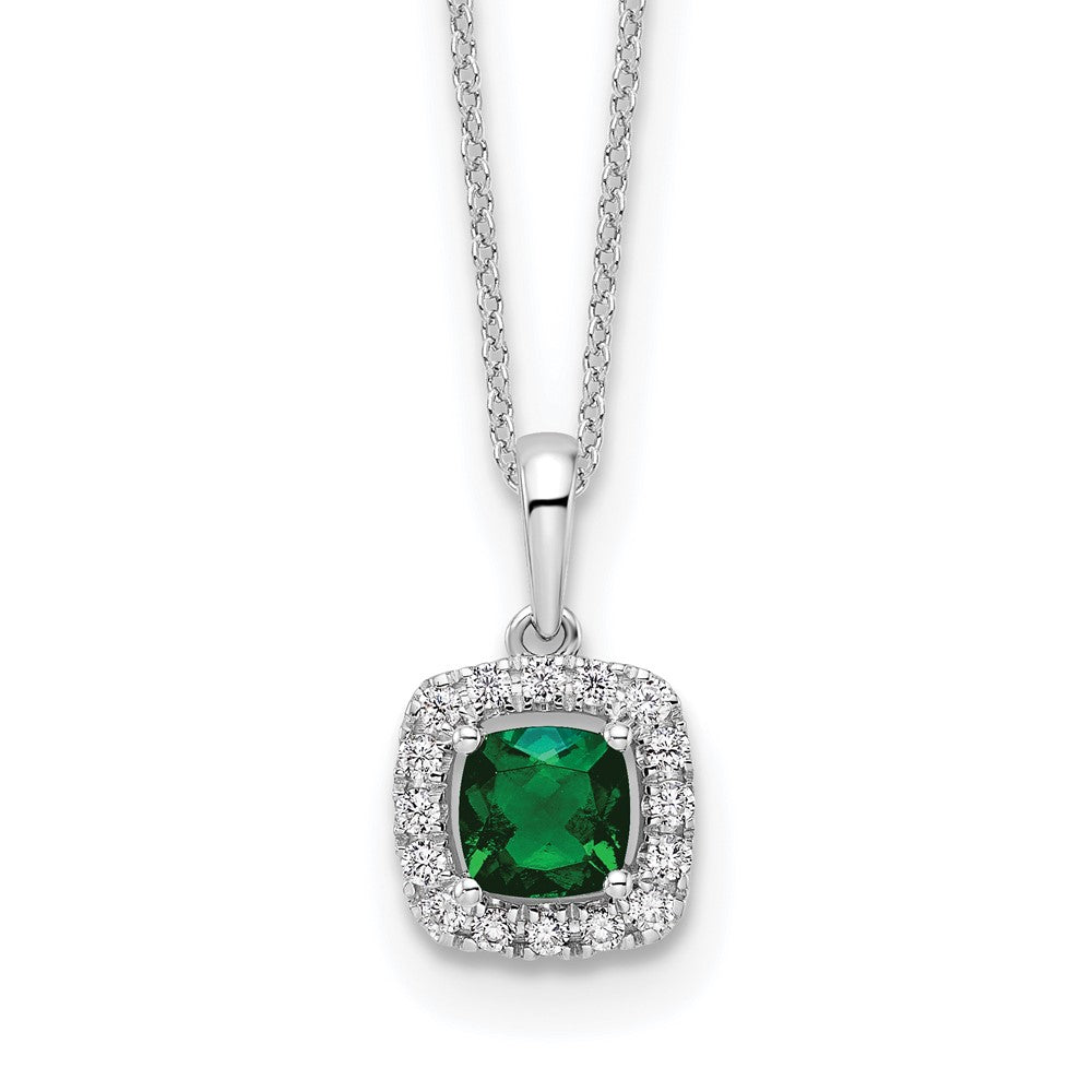 LGWN 10k White Gold 1/4 carat Lab Grown Diamond VS/SI+ G+ and Created Emerald Complete 18 inch Pendant Necklace