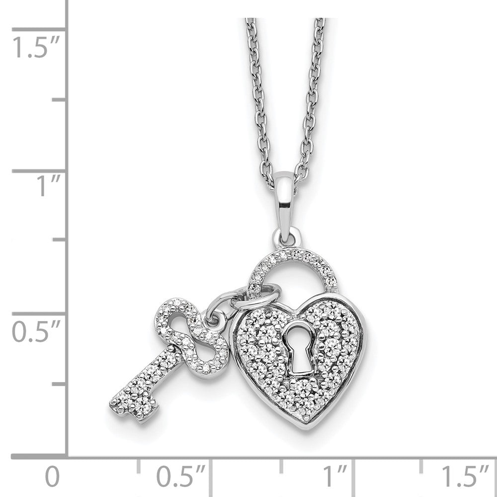 LGWN 14k White Gold 1/2 carat Lab Grown Diamond VS/SI+ G+ Complete 18 inch Heart Lock and Key Pendant Necklace