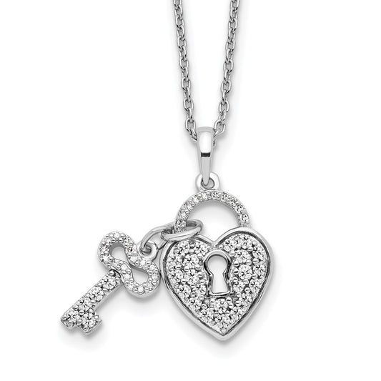 LGWN 14k White Gold 1/2 carat Lab Grown Diamond VS/SI+ G+ Complete 18 inch Heart Lock and Key Pendant Necklace