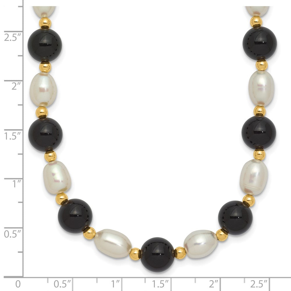 PGN 14k 6-7mm White Rice Freshwater Cultured Pearl and Onyx Beads 17 inch Necklace
