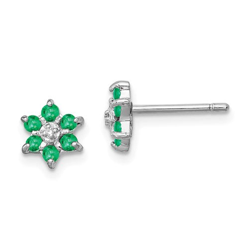 SSDG Sterling Silver Rhodium Emerald & Diamond Post Earrings