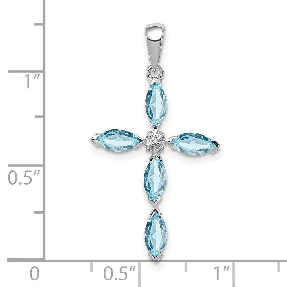 GSS Sterling Silver Rhodium Lt Sw Blue Topaz Cross & Diamond Pendant