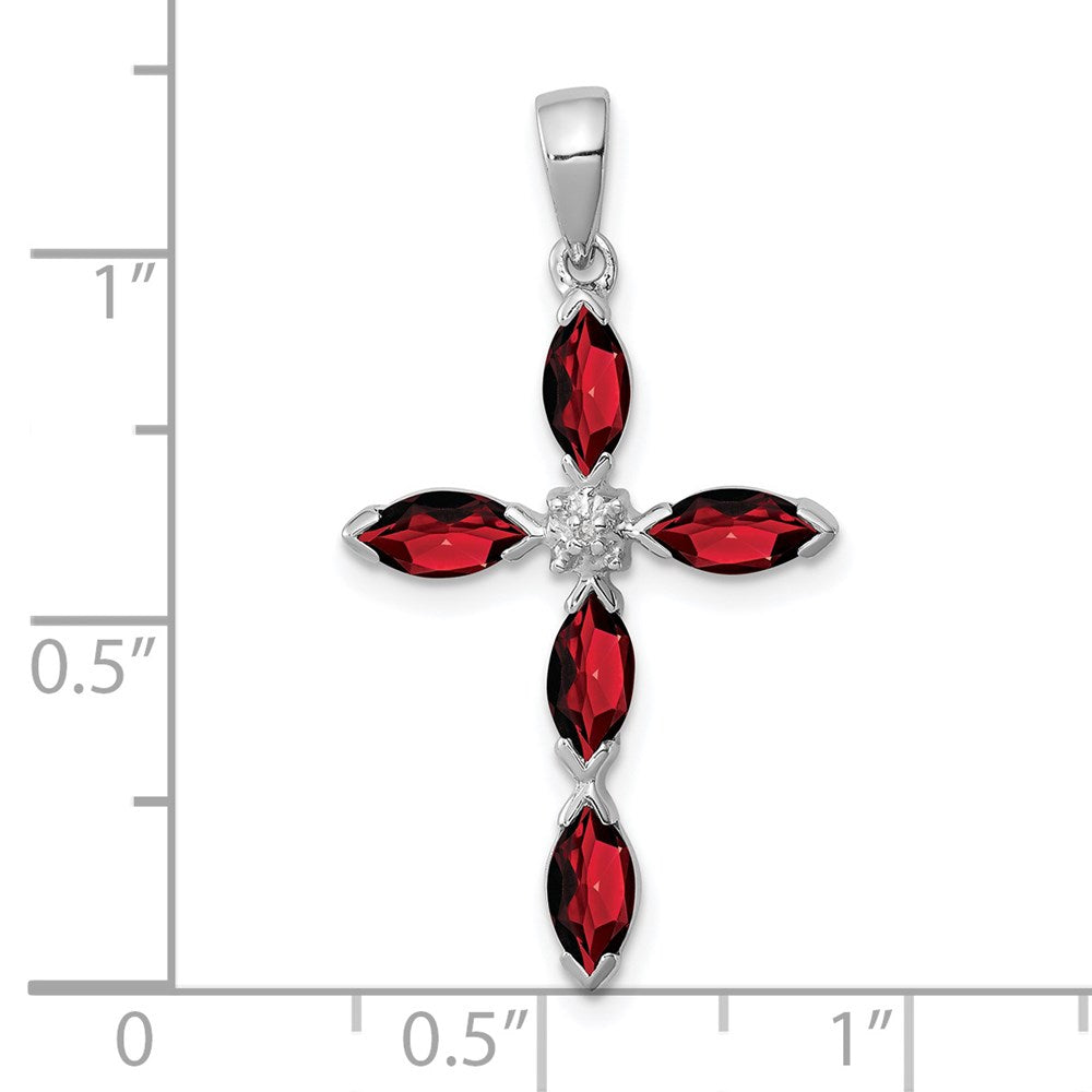 GSSP Sterling Silver Rhodium Garnet & Diamond Cross Pendant