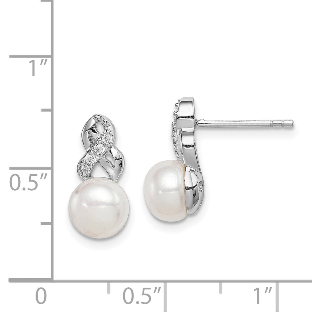 PSSE Sterling Silver Rhodium-plated 6-7mm White Button Freshwater Cultured Pearl and CZ Post Earrings