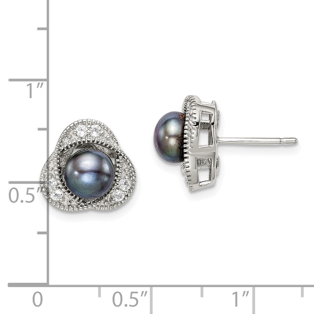 PSSE Sterling Silver Polished Black 6-7mm Freshwater Cultured Pearl and White Topaz Post Earrings