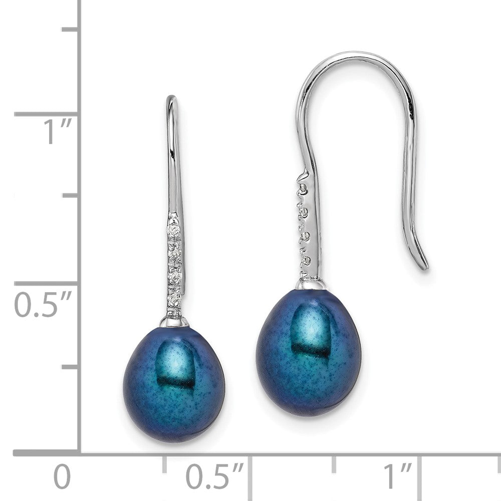 PSSE Sterling Silver Rhodium-plated 7-8mm Black Teardrop Freshwater Cultured Pearl and CZ Dangle Earrings