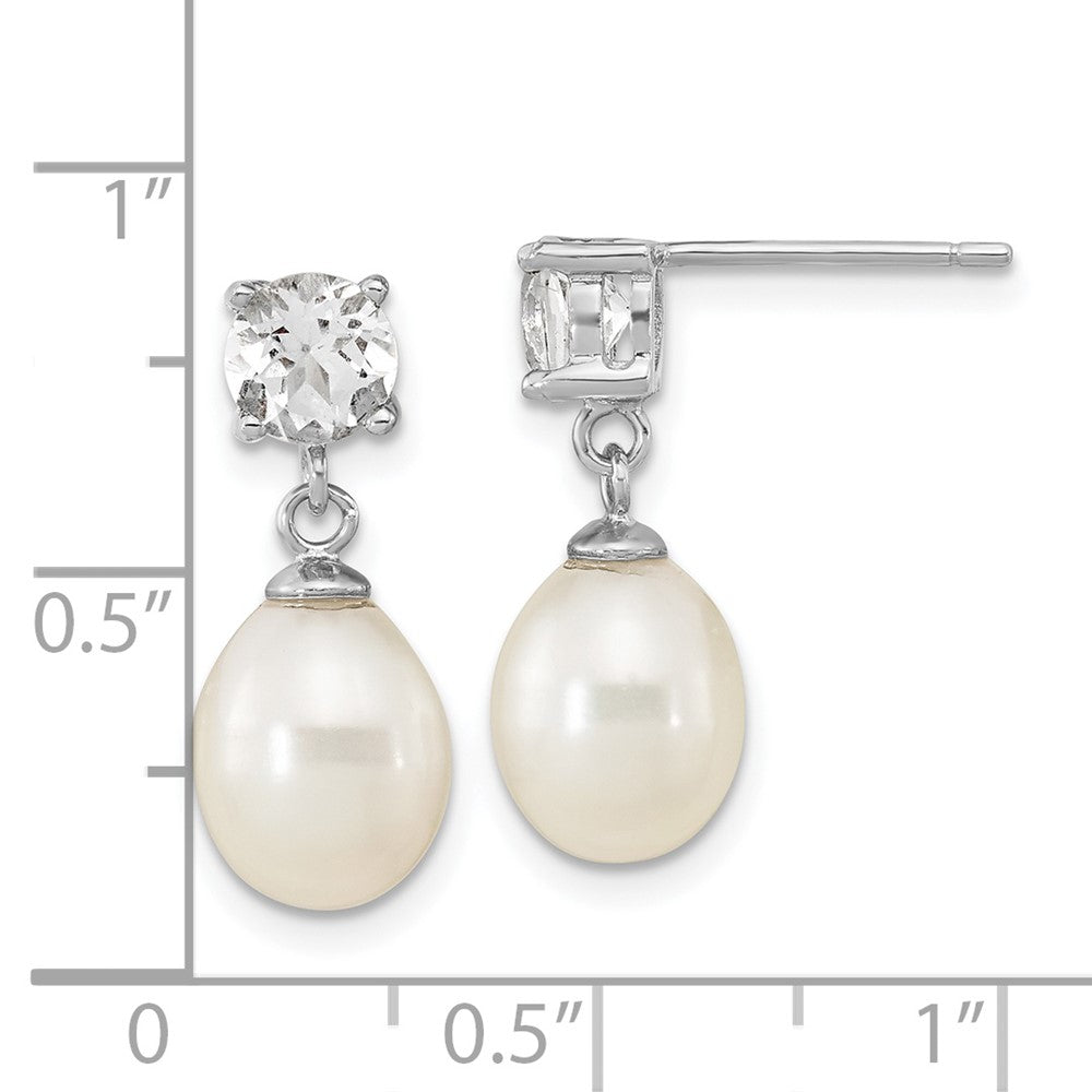 PSSE Sterling Silver Rhodium-plated 7-10mm White Teardrop Freshwater Cultured Pearl and 2.64WT White Topaz Post Dangle Earrings