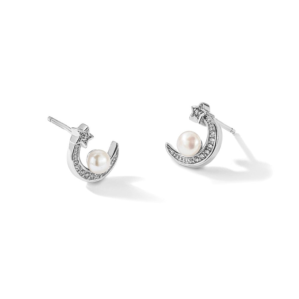 PSSE Sterling Silver Rhod-plated CZ and FWC Pearl Moon and Star Post Earrings