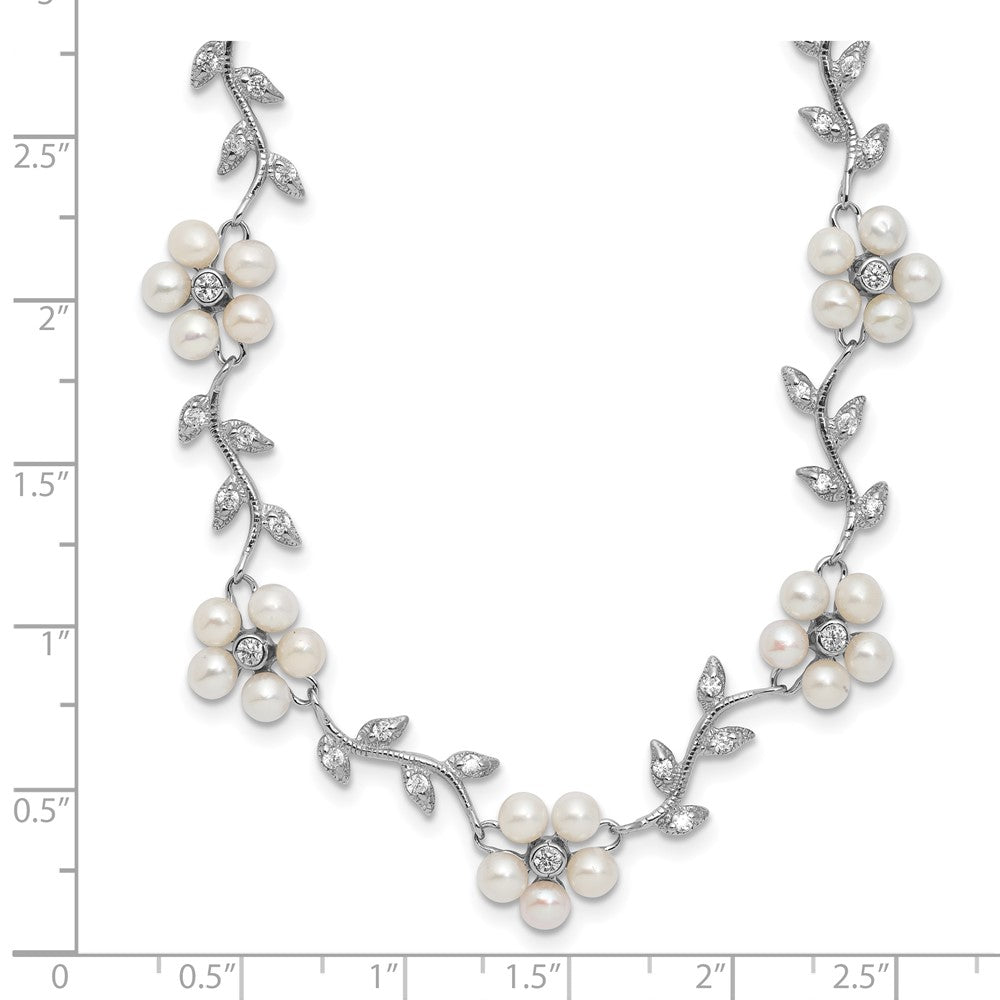 PSSN Sterling Silver Rhodium-plated CZ Vine Pattern and Fresheater Cultured Pearl Floral 16 inch Necklace