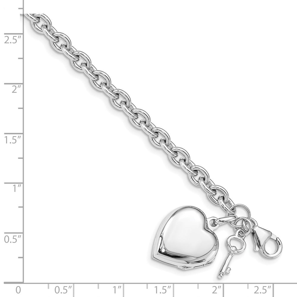 SSB Sterling Silver Rhodium-plated Puffed Heart Locket & Key Bracelet
