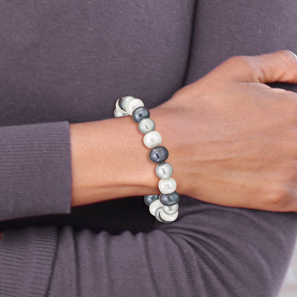 PB 8-9mm White, Platinum and Black Near-Round Freshwater Cultured Pearl Stretch Bracelet