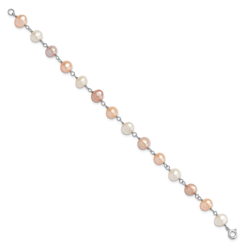 PSSN Sterling Silver Rhodium-plated 6-7mm White, Pink and Purple Semi-Round Freshwater Cultured Pearl 18 inch Necklace, 7.25 inch Bracelet and 3-piece Button Post Earrings Set
