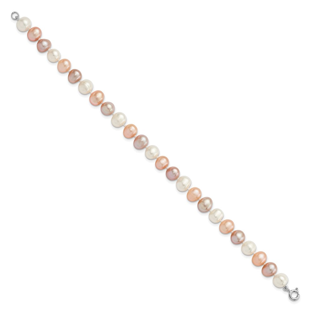 PSSN Sterling Silver Rhodium-plated 6-7mm White, Pink and Purple Semi-Round Freshwater Cultured Pearl 18 inch Necklace, 7.25 inch Bracelet and 3-piece Button Post Earrings Set