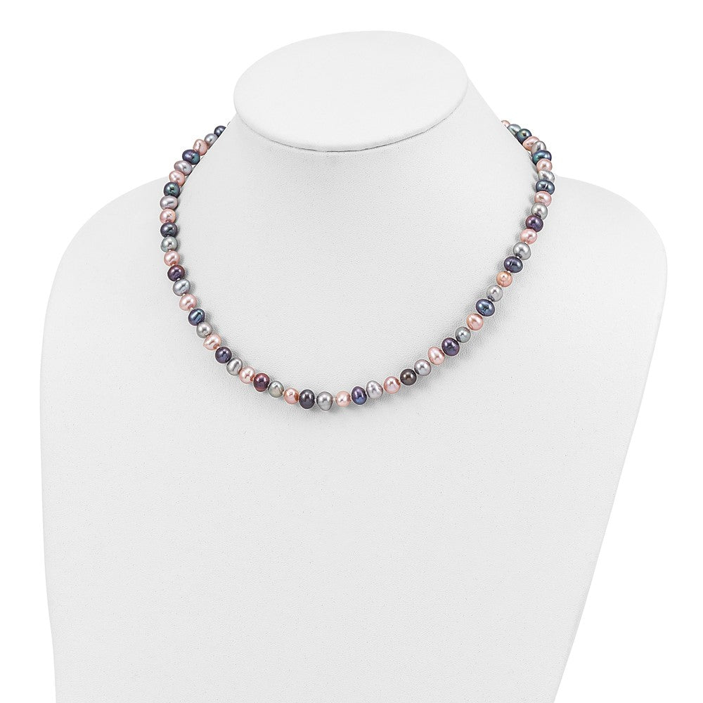PSSN Sterling Silver Rhodium-plated 6-7mm Black, Pink and Gray Semi-Round Freshwater Cultured Pearl 18 inch Necklace, 7.25 inch Bracelet and 3-piece Button Post Earrings Set
