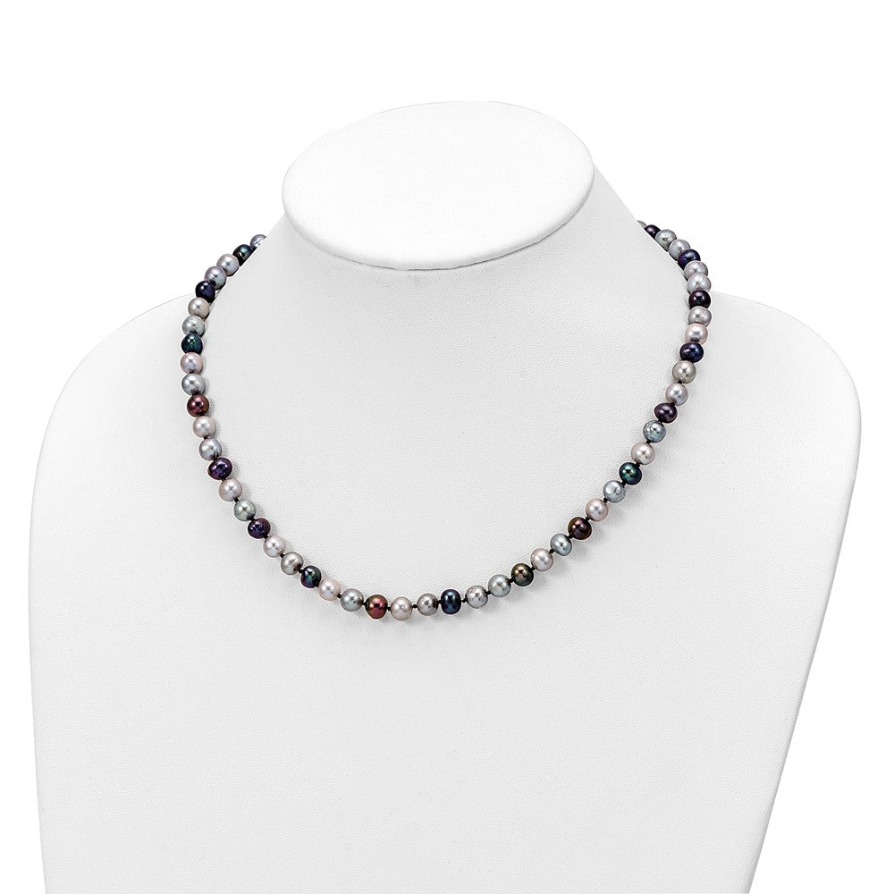 PSSN Sterling Silver Rhodium-plated 6-7mm Grey and Black Semi-Round Freshwater Cultured Pearl 18 inch Necklace and 7.25 Bracelet and 3-piece Button Post Earrings Set