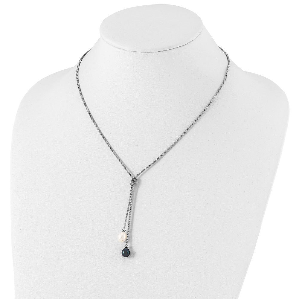 PSSN Sterling Silver Rhodium-plated 7-8mm Black and White Teardrop Freshwater Cultured Pearl Knot 18 inch Necklace and Post Dangle Earrings Set