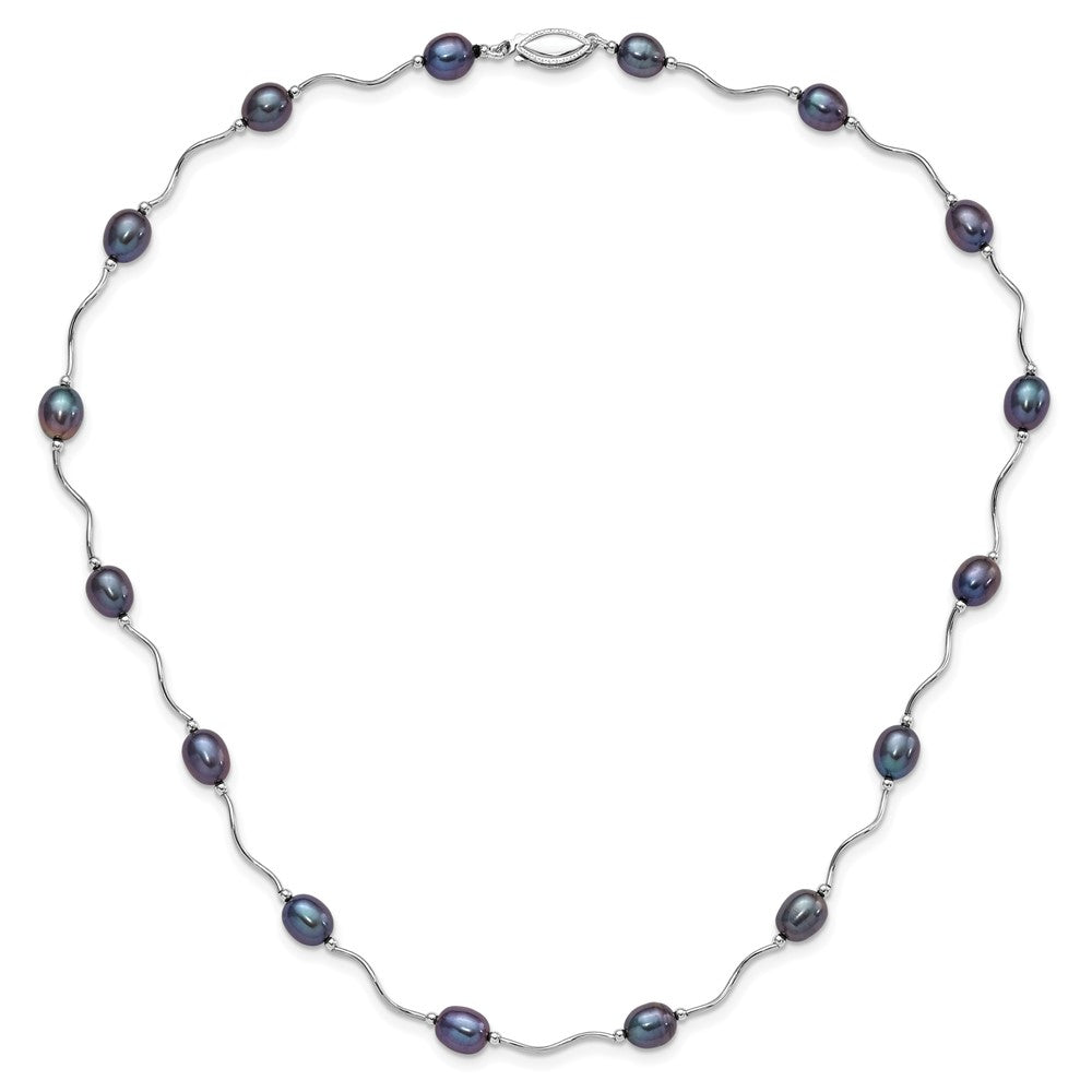 PSSN Sterling Silver Rhodium-plated 6-7mm Black Rice Freshwater Cultured Pearl 16-Station 18 inch Necklace