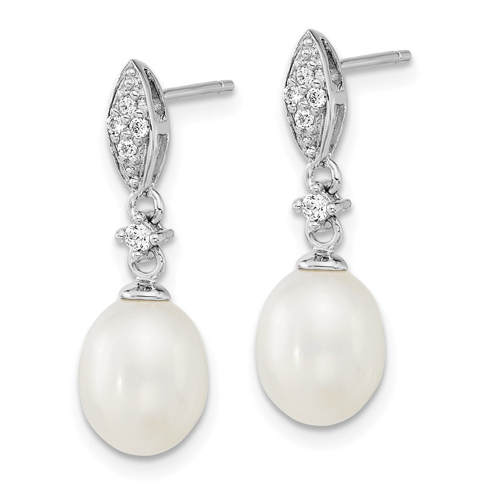 PSSN Sterling Silver Rhodium-plated 8-9mm White Teardrop Freshwater Cultured Pearl and CZ 17 inch Necklace and Post Dangle Earrings Set
