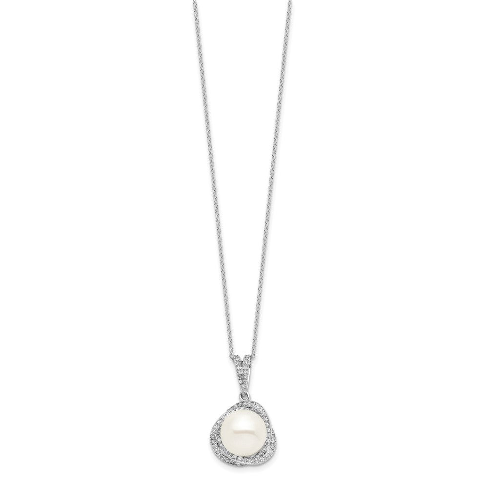PSSE Sterling Silver Rhodium-plated 10-12mm White Button Freshwater Cultured Pearl and CZ 17 inch Necklace and Post Earrings Set