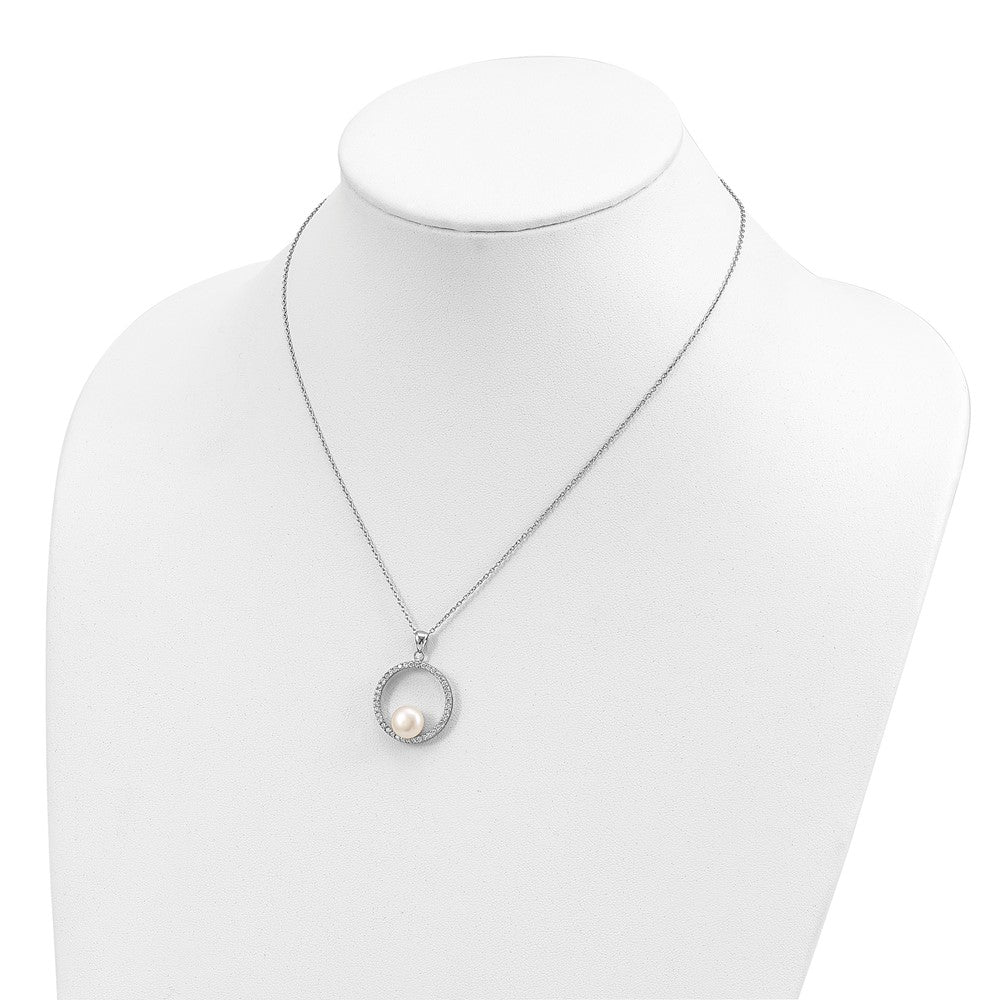 PSSN Sterling Silver Rhodium-plated 8-9mm White Button Freshwater Cultured Pearl and CZ 17 inch Necklace