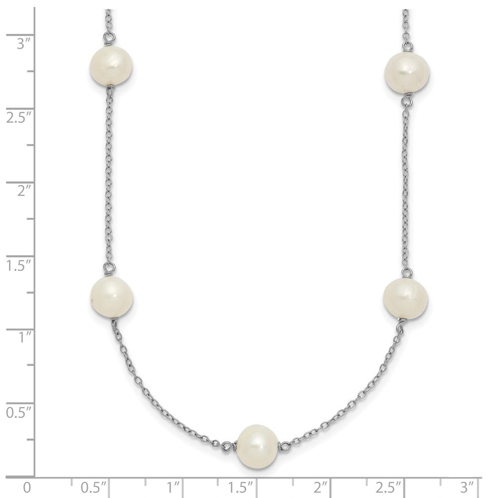 PSSN Sterling Silver Rhodium-plated 7-8mm White Near-Round Freshwater Cultured Pearl 9-Stations18 inch Necklace