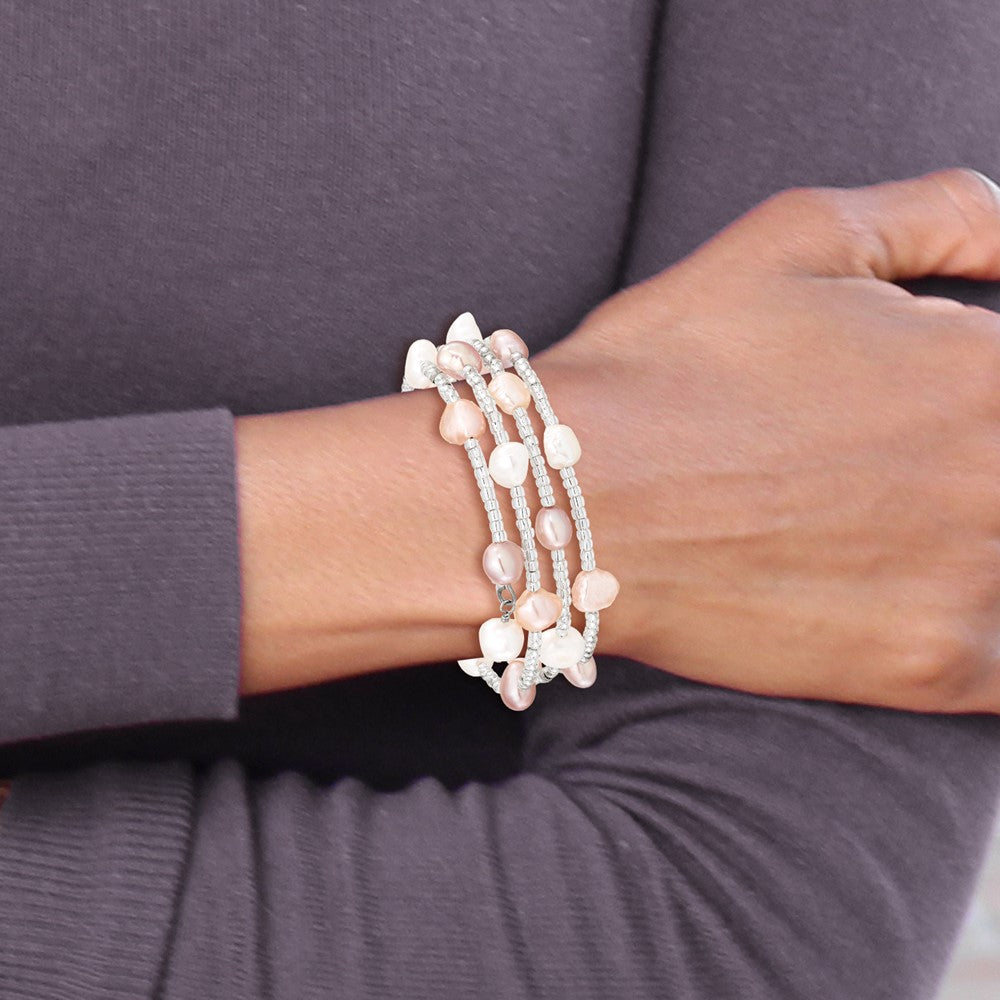 PB 6-7mm Multicolored Baroque Freshwater Cultured Pearl and Glass Beaded Wrap Bracelet