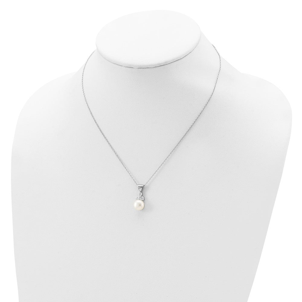 PSSN Sterling Silver Rhodium-plated 9-10mm White Button Freshwater Cultured Pearl and CZ 17 inch and Post Earrings Set