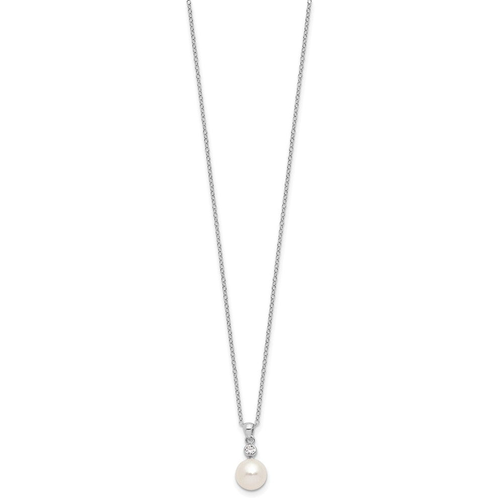 PSSN Sterling Silver Rhodium-plated 8-9mm White Button Freshwater Cultured Pearl and CZ 17 inch Necklace and Post Earrings Set