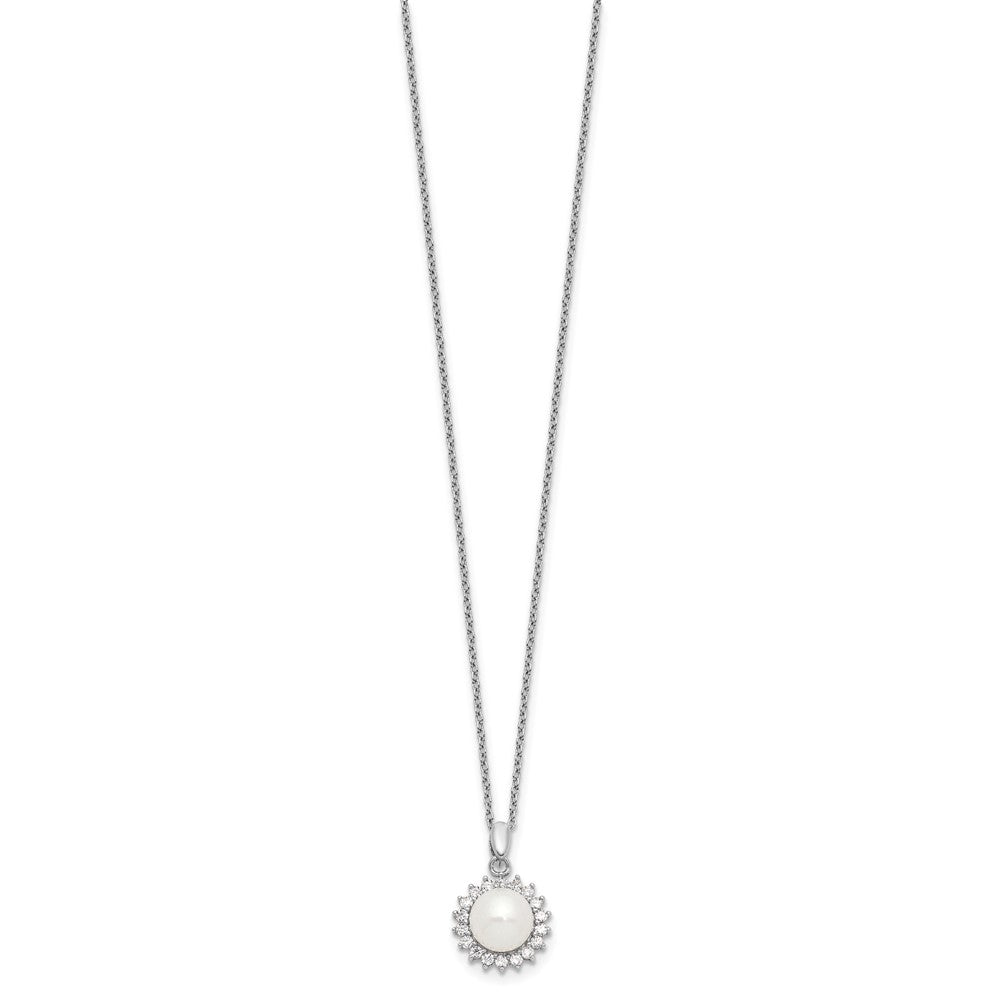 PSSN Sterling Silver Rhodium-plated 8-9mm White Button Freshwater Cultured Pearl and CZ 17 inch Necklace and Post Earrings Set