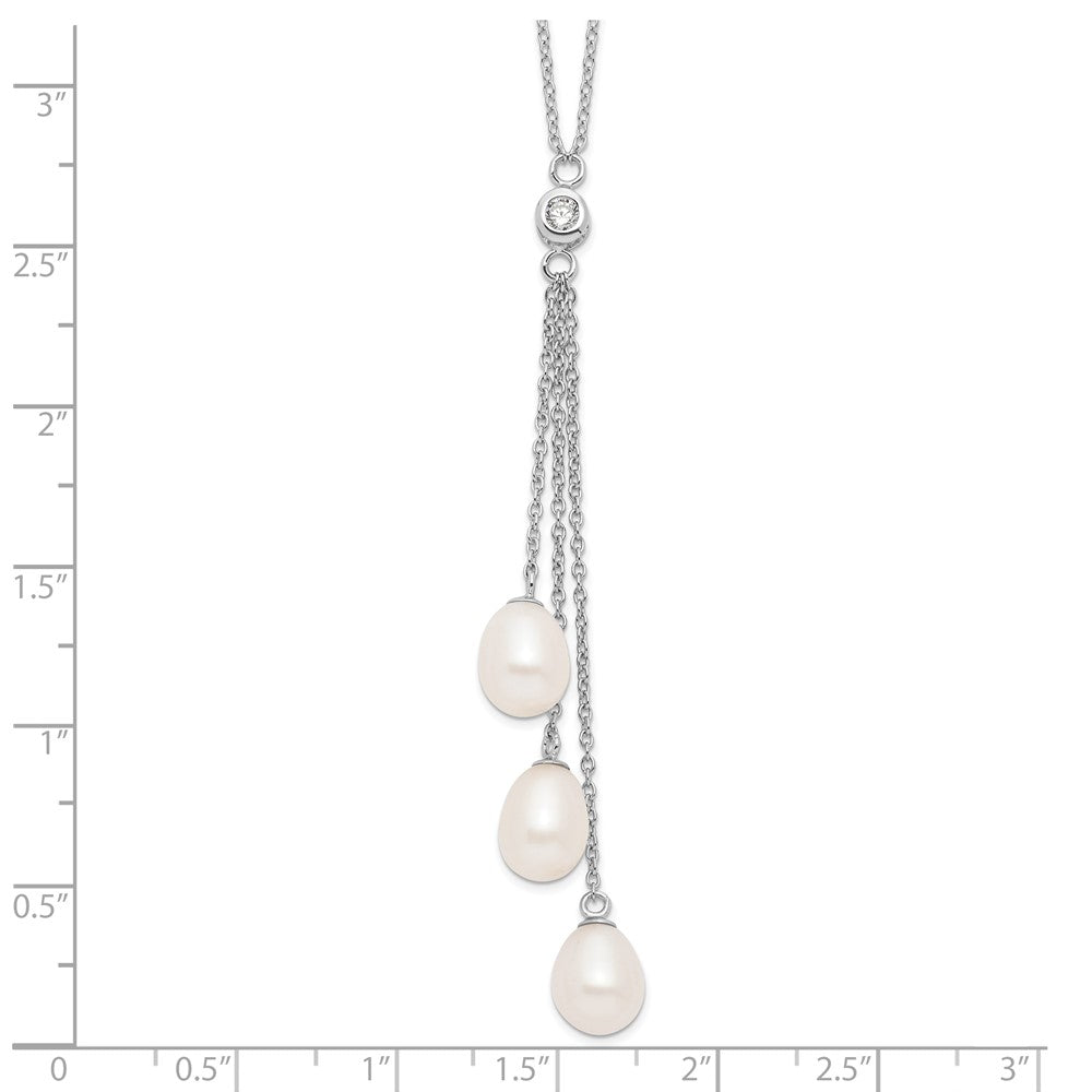 PSSN Sterling Silver Rhodium-plated 7-8mm White Teardrop Freshwater Cultured Pearl and CZ Drop 18 inch Necklace