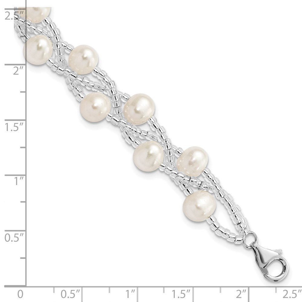 PSSB Sterling Silver Rhodium-plated 7-9mm White Semi-Round Freshwater Cultured Pearl and Glass Beaded Multi-strand 7.5 inch Bracelet