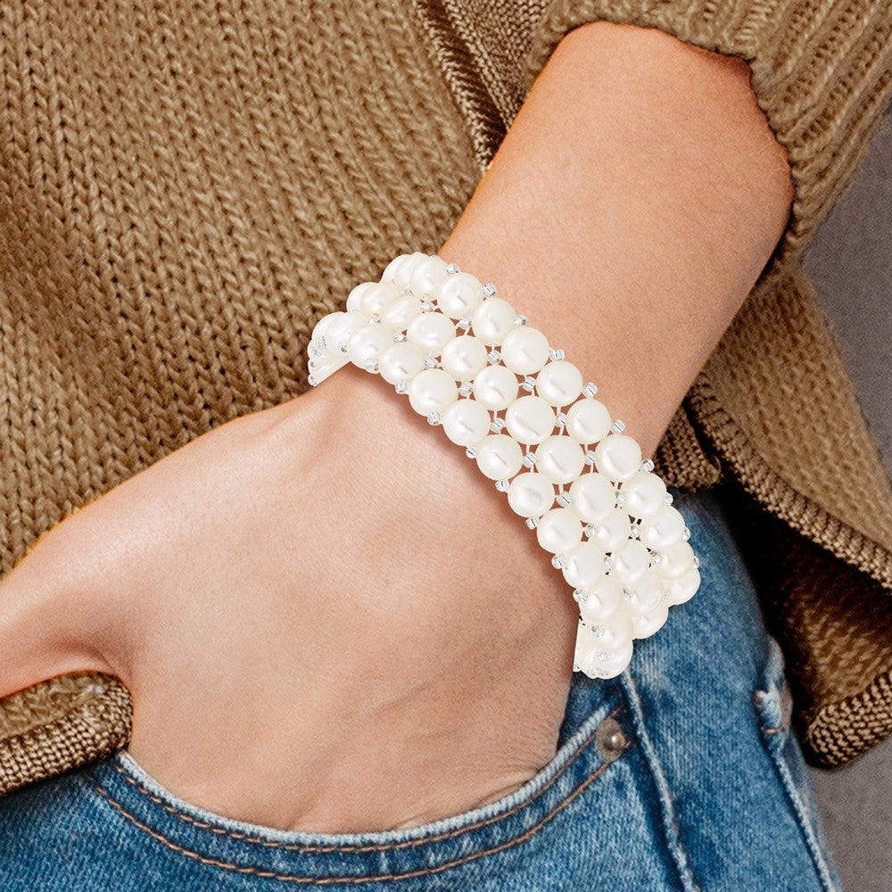 PB 6-7mm White Button Freshwater Cultured Pearl and Glass Beaded 3-row Stretch Bracelet