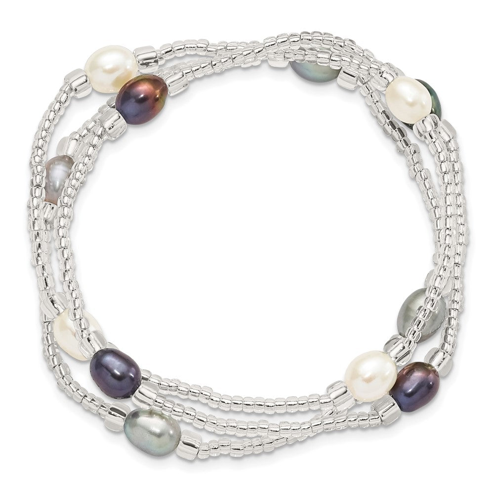 PB 6-8mm White, Black and Grey Rice Freshwater Cultured Pearl and Glass Bead Stretch 3-Bracelet Set
