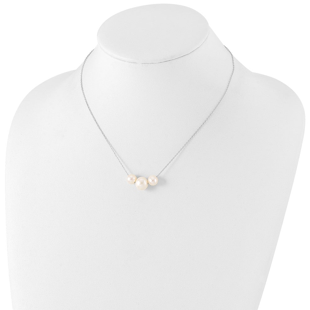 PSSN Sterling Silver Rhodium-plated 8-10mm White Near-Round Freshwater Cultured Pearl 17 inch Necklace