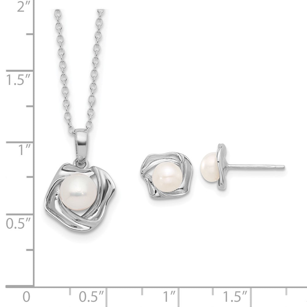 PSSN Sterling Silver Rhodium-plated 5-7mm White Button Freshwater Cultured Pearl 18 inch Necklace and Post Earrings Set