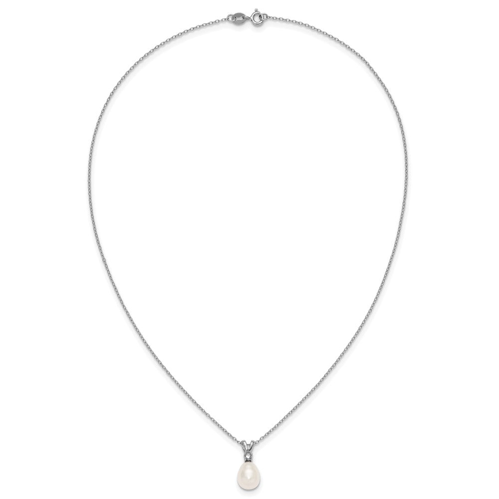 PSSN Sterling Silver Rhodium-plated 7-9mm Teardrop White Freshwater Cultured Pearl and CZ 17 inch Necklace and Dangle Post Earring Set