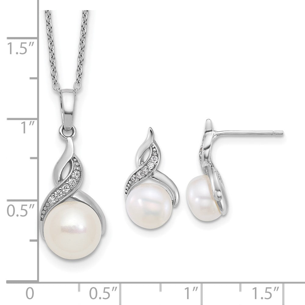 PSSN Sterling Silver Rhodium-plated 7-9mm Button White Freshwater Cultured Pearl and CZ 17 inch Necklace and Post Earring Set