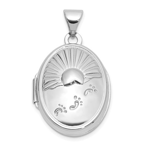 SSP Sterling Silver Rhod-Plated 19x15mm Foot Prints Reversible Oval Locket
