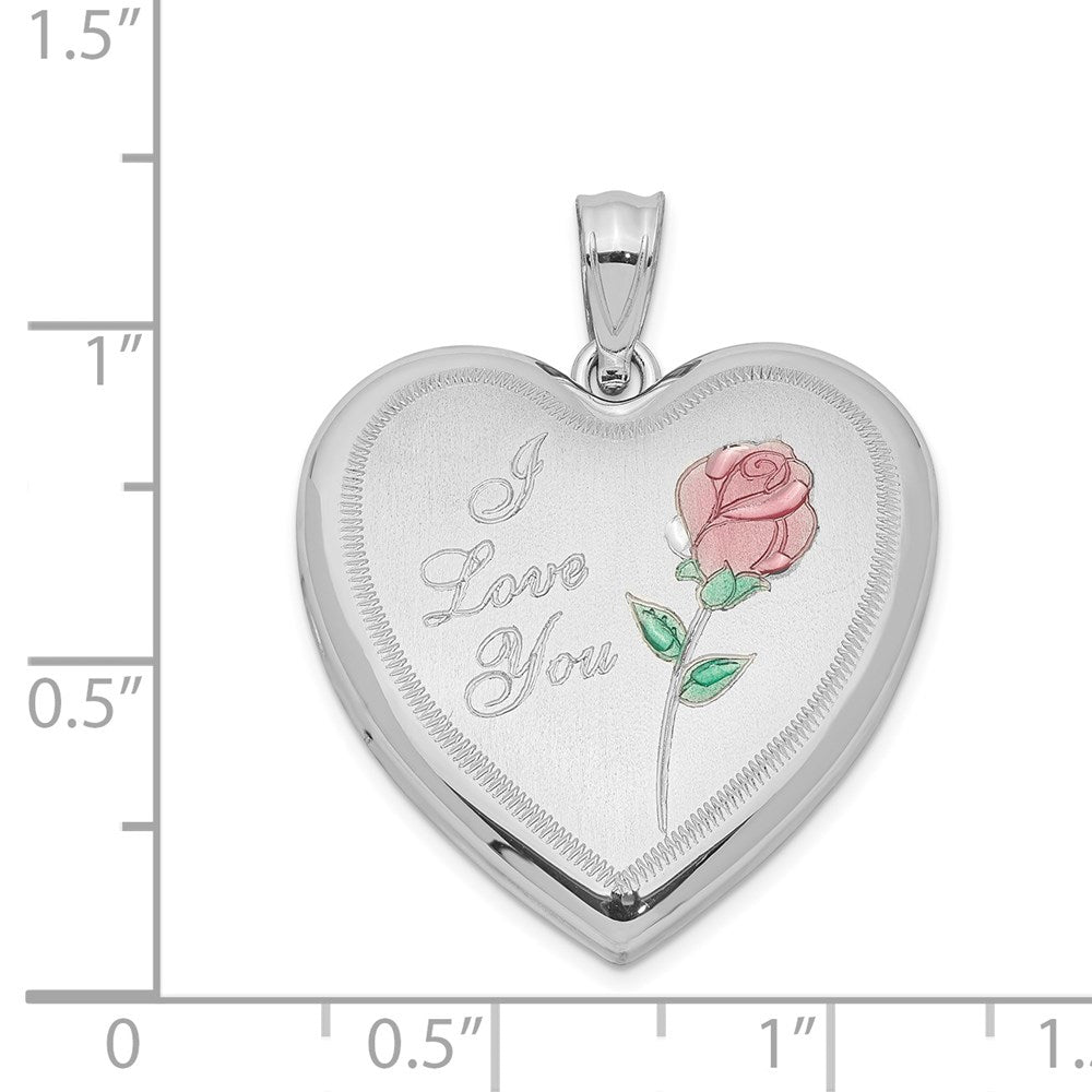 SSP Sterling Silver Rhodium-plated 24mm Enameled Rose Heart Locket