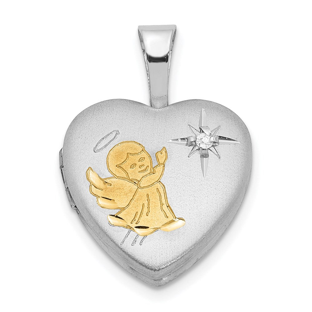 DSS Sterling Silver Rhodium & Gold-plated & Diamond Angel 12mm Heart Locket