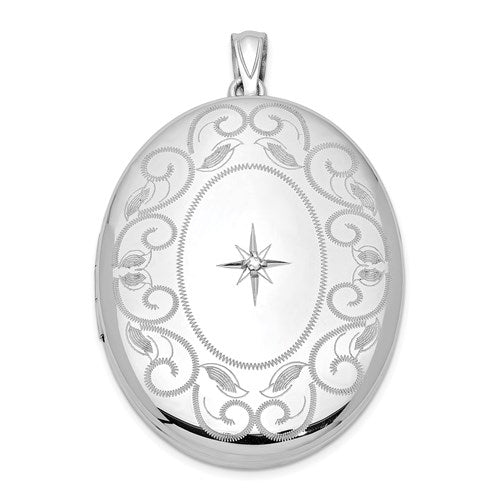 DSS Sterling Silver Rhodium-plated & Diamond w/ Swirl Border 34mm Oval Locket